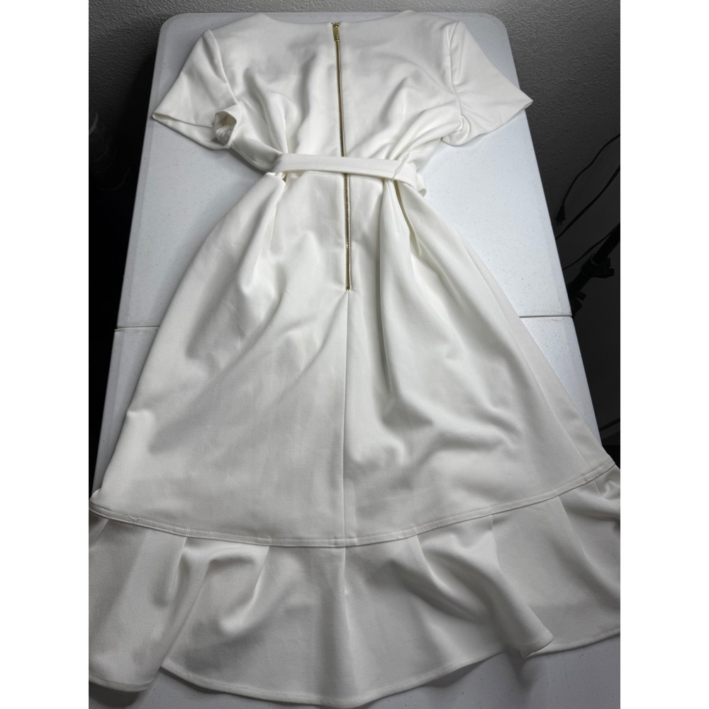 Calvin Klein White Ruffle Tie Waist High Low Scuba Dress Size 12 CD8C16XW - Picture 5 of 10